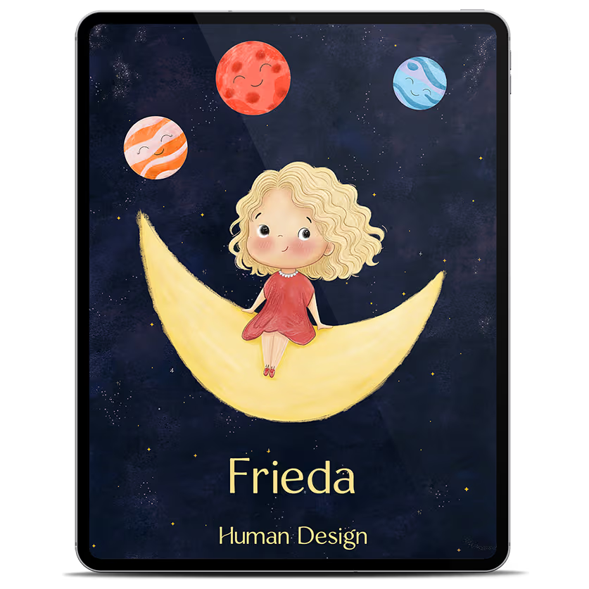 Tablet mit dem Cover eines Human Design Reading für Kinder als E-Book, illustriertes Mädchen sitzt auf einer Mondsichel umgeben von lächelnden Planeten, mit dem personalisierten Namen