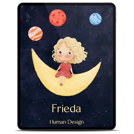Tablet mit dem Cover eines Human Design Reading für Kinder als E-Book, illustriertes Mädchen sitzt auf einer Mondsichel umgeben von lächelnden Planeten, mit dem personalisierten Namen